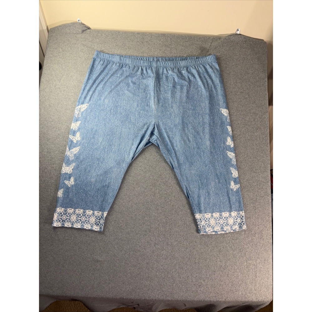 Unbranded Blue Denim Print Butterfly Lace Trim Capri Leggings 6XL Plus Size